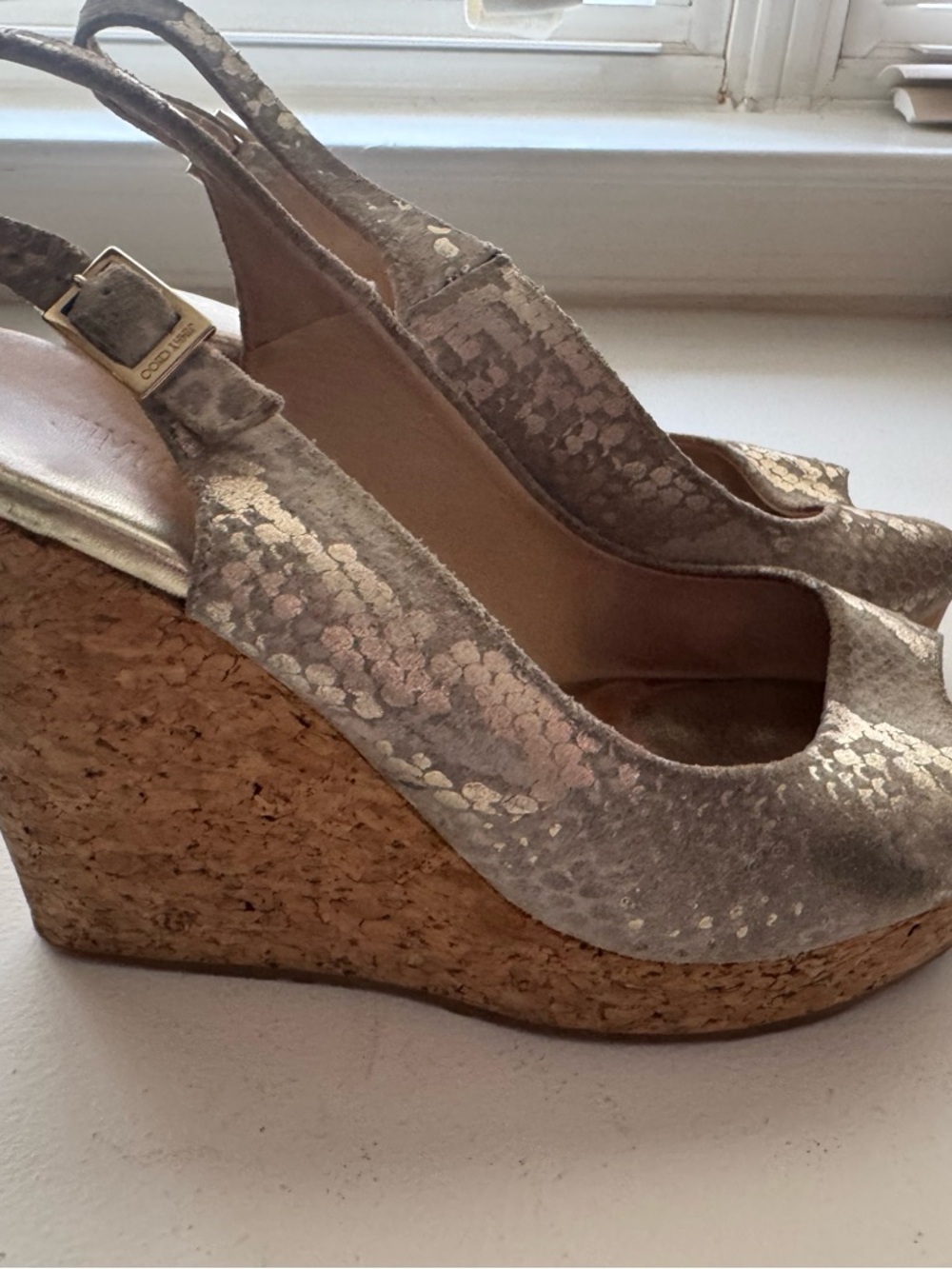 Jimmy Choo Metallic Taupe Snake-Embossed Cork Wedge Slingbacks